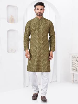 Olive rayon cotton with digital printed kurta for mens wear 1
