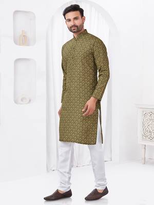 Olive rayon cotton with digital printed kurta for mens wear 2