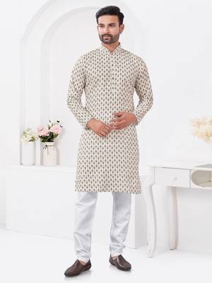 Cream rayon cotton with digital printed kurta for mens wear 1