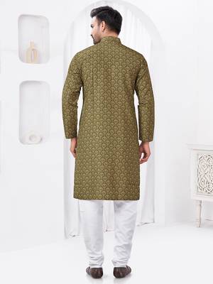 Olive rayon cotton with digital printed kurta for mens wear 3
