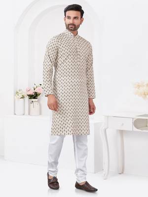 Cream rayon cotton with digital printed kurta for mens wear 2