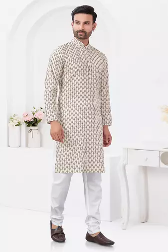 Cream rayon cotton with digital printed kurta for mens wear