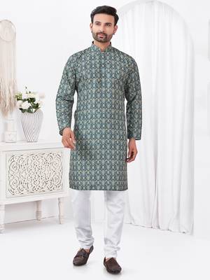 Teal blue rayon cotton with digital printed kurta for mens wear 1