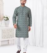 Teal blue rayon cotton with digital printed kurta for mens wear