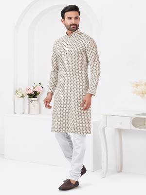 Cream rayon cotton with digital printed kurta for mens wear 3