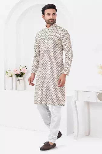 Cream rayon cotton with digital printed kurta for mens wear