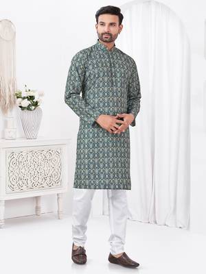 Teal blue rayon cotton with digital printed kurta for mens wear 2