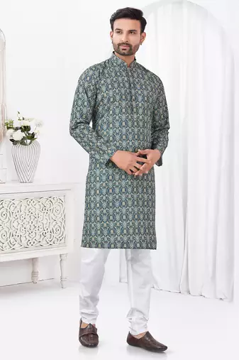 Teal blue rayon cotton with digital printed kurta for mens wear