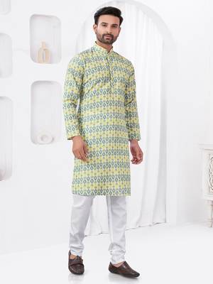 Green rayon cotton with digital printed kurta for mens wear 1