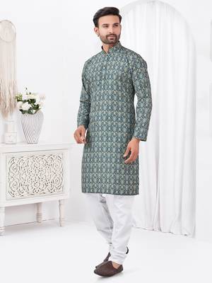 Teal blue rayon cotton with digital printed kurta for mens wear 3