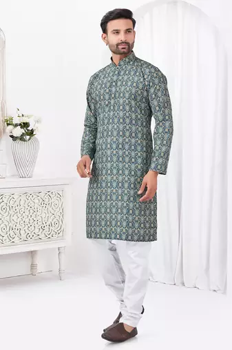 Teal blue rayon cotton with digital printed kurta for mens wear