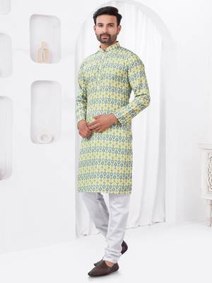 Green rayon cotton with digital printed kurta for mens wear 2