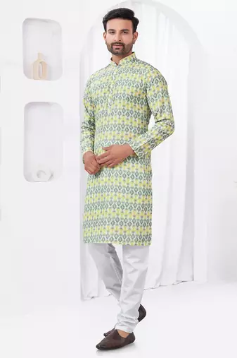 Green rayon cotton with digital printed kurta for mens wear
