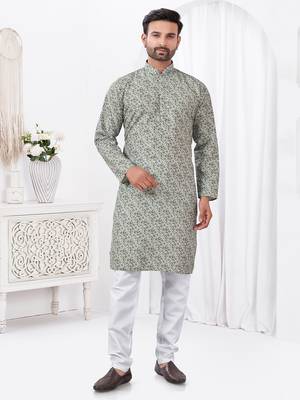 Sage green rayon cotton with digital printed kurta for mens wear 1