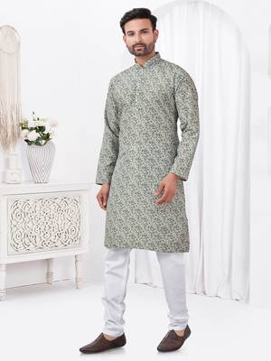 Sage green rayon cotton with digital printed kurta for mens wear 2