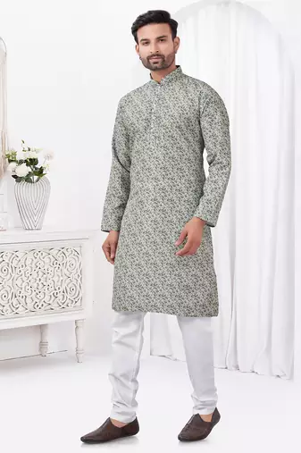 Sage green rayon cotton with digital printed kurta for mens wear