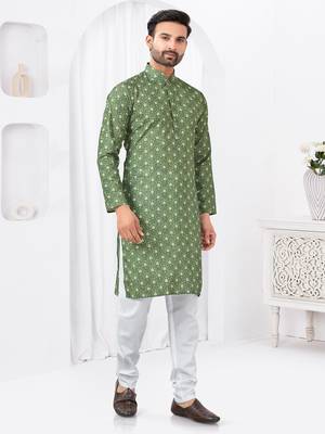 Green rayon cotton with digital printed kurta Pajama for mens 1
