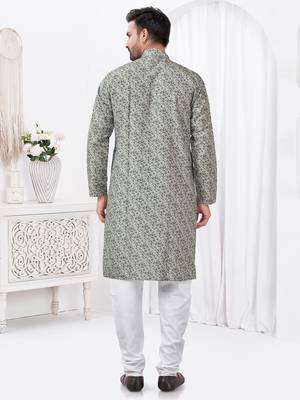 Sage green rayon cotton with digital printed kurta for mens wear 3