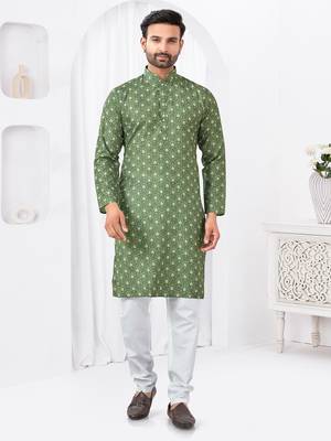 Green rayon cotton with digital printed kurta Pajama for mens 2