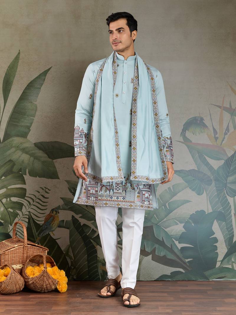 Sky blue viscose silk threads & sequance embroidered work kurta with dupatta