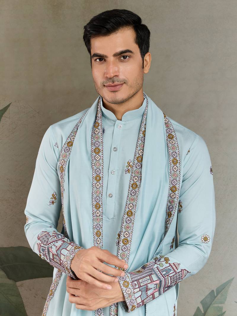 Sky blue viscose silk threads & sequance embroidered work kurta with dupatta