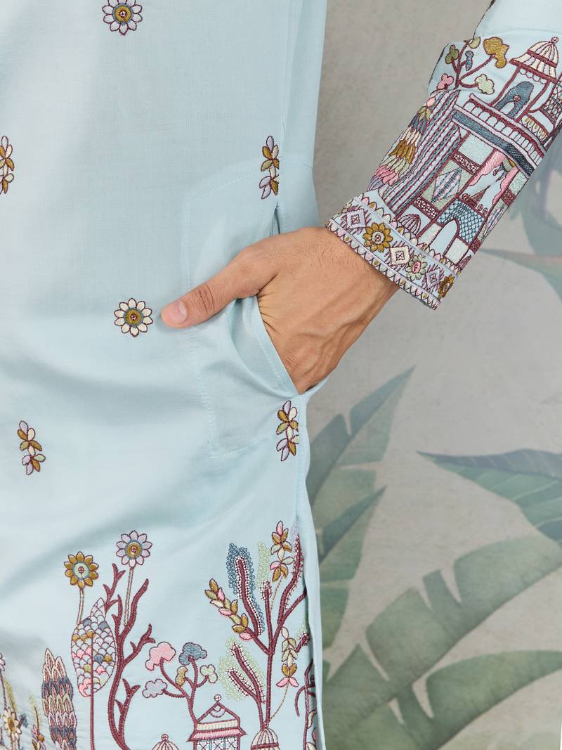 Sky blue viscose silk threads & sequance embroidered work kurta with dupatta