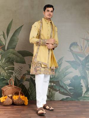 Yellow viscose silk threads & sequance embroidered work kurta with dupatta 6
