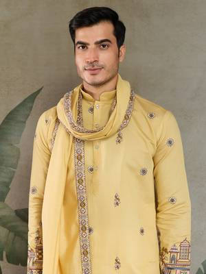 Yellow viscose silk threads & sequance embroidered work kurta with dupatta 7