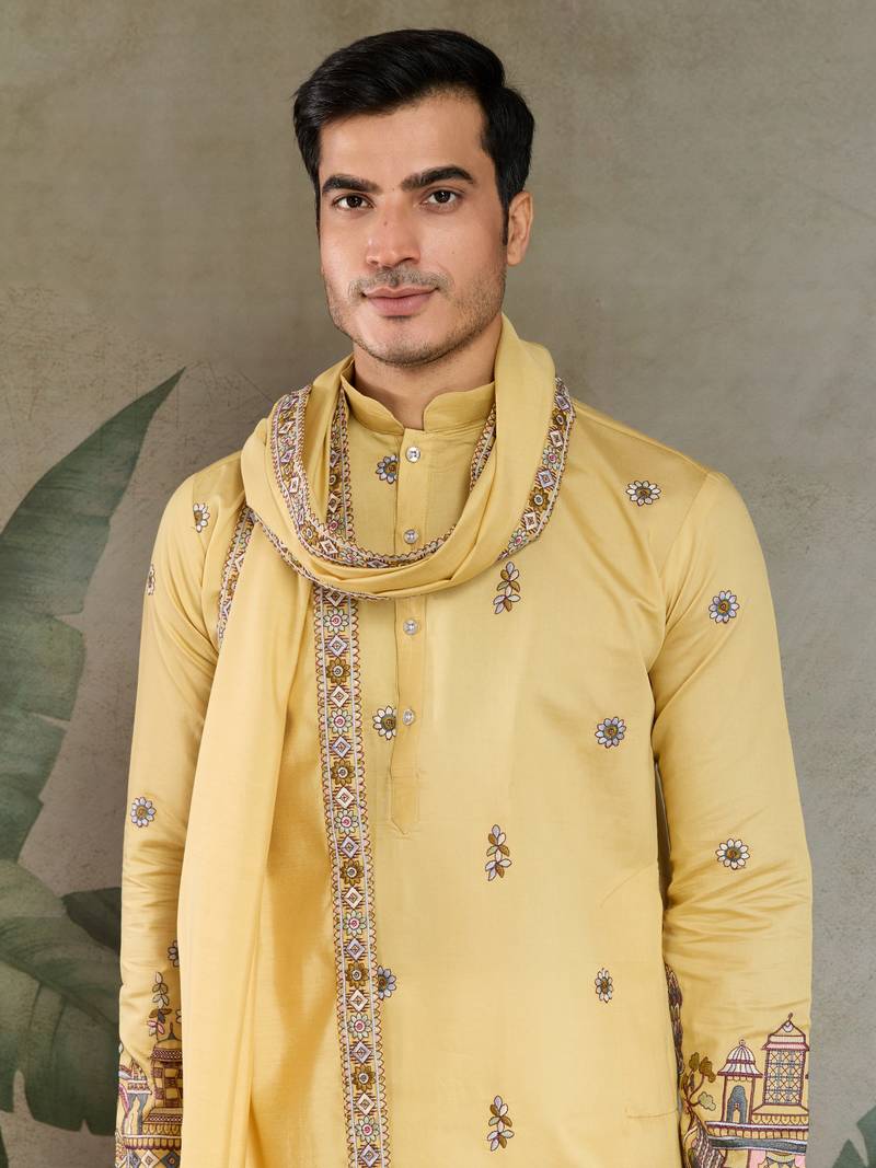 Yellow viscose silk threads & sequance embroidered work kurta with dupatta