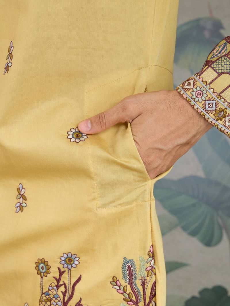 Yellow viscose silk threads & sequance embroidered work kurta with dupatta