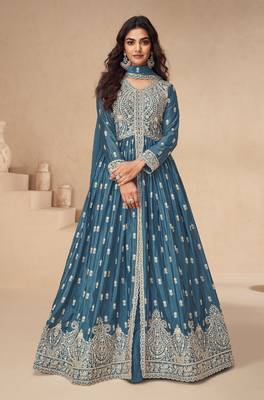 Blue embroidered chinon anarkali suit 1