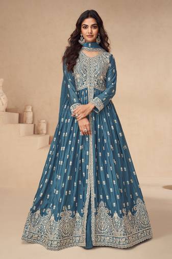 Blue embroidered chinon semi-anarkali suit