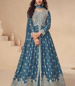 Blue embroidered chinon semi-anarkali suit