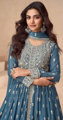 Blue embroidered chinon anarkali suit 2