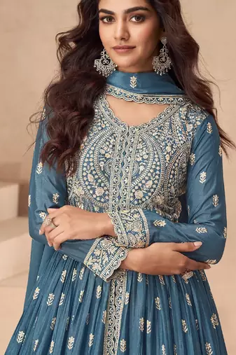 Blue embroidered chinon anarkali suit