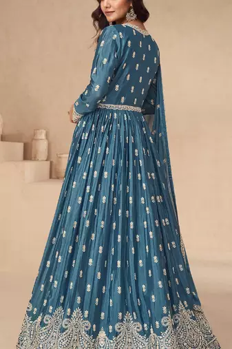 Blue embroidered chinon anarkali suit