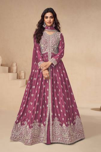 Pink embroidered chinon semi-anarkali suit