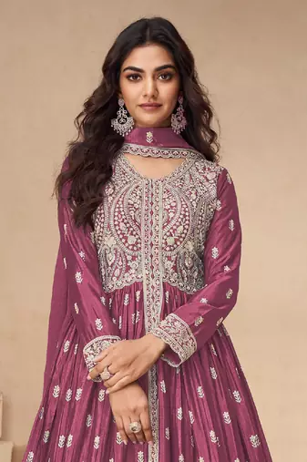 Pink embroidered chinon anarkali suit