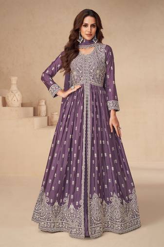 Purple embroidered chinon semi-anarkali suit