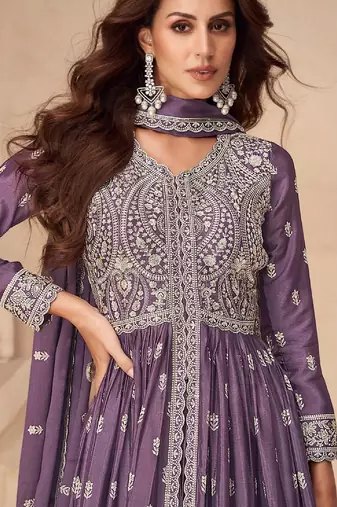 Purple embroidered chinon anarkali suit
