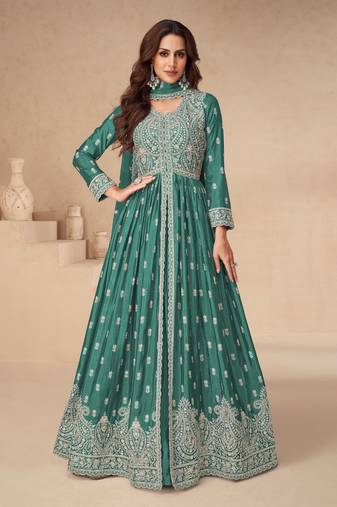 Green embroidered chinon semi-anarkali suit
