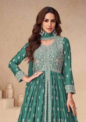 Green embroidered chinon anarkali suit 2