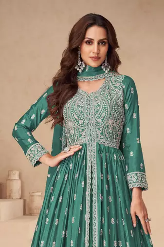 Green embroidered chinon anarkali suit