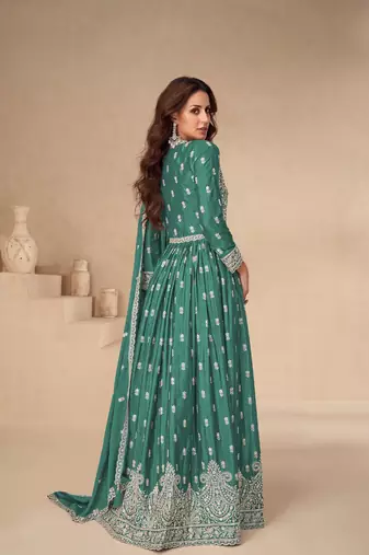 Green embroidered chinon anarkali suit