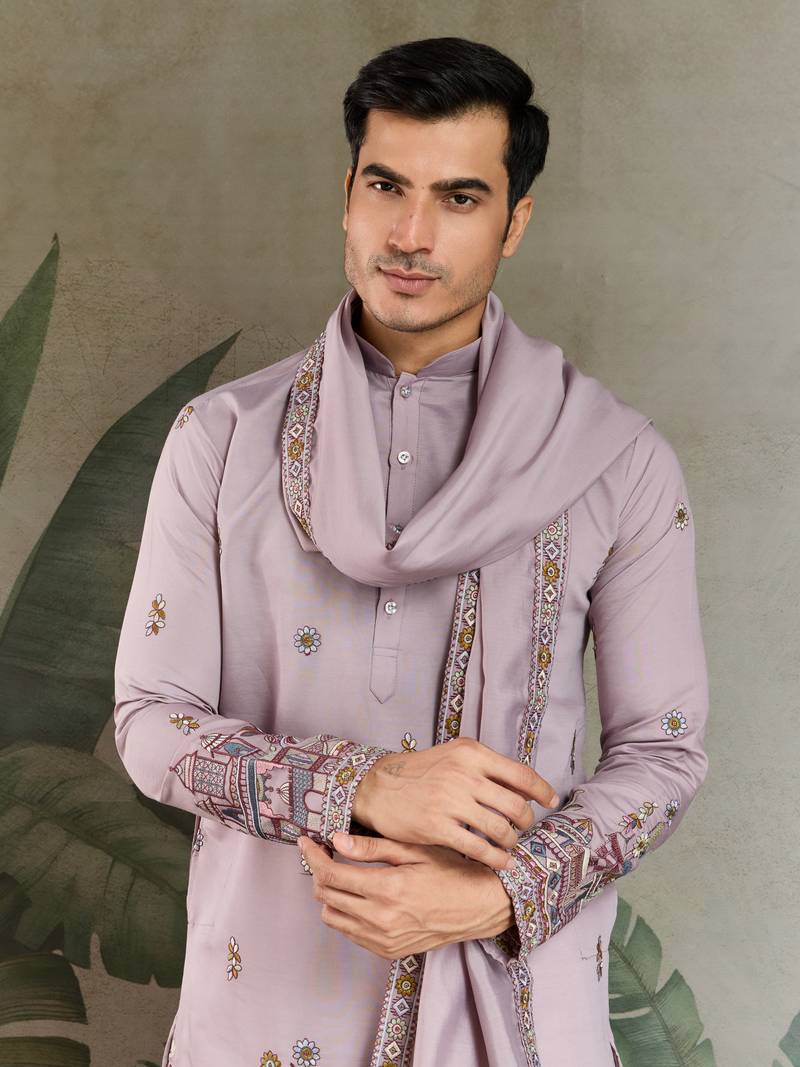 Dusty pink viscose silk threads & sequance embroidered work kurta with dupatta