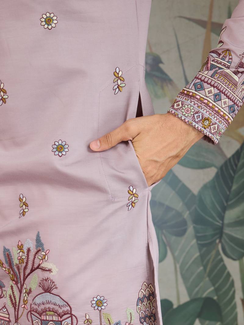 Dusty pink viscose silk threads & sequance embroidered work kurta with dupatta