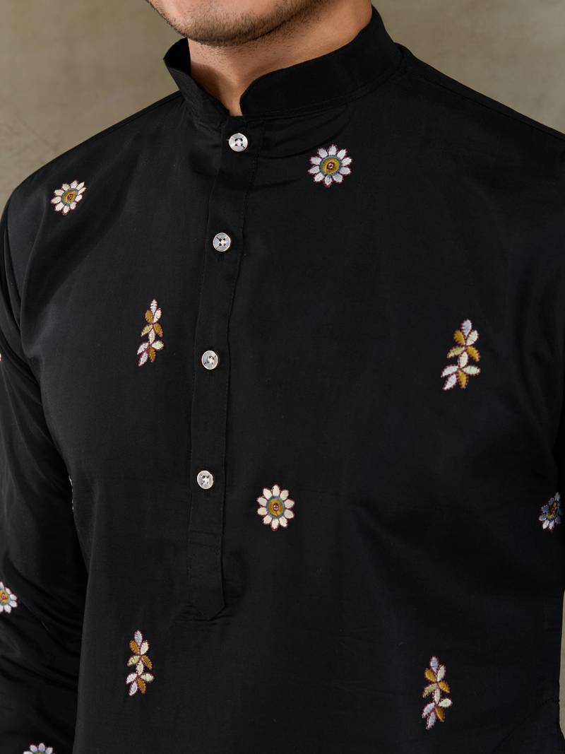 Black viscose silk threads & sequance embroidered work kurta with dupatta
