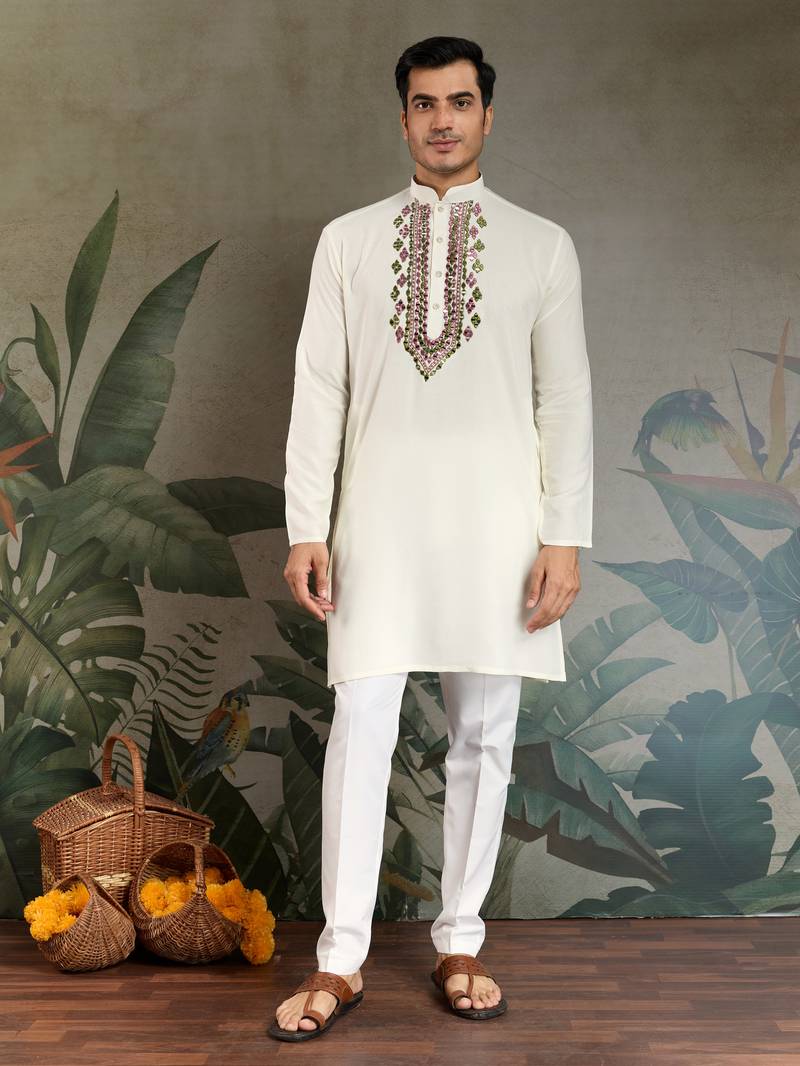 White viscose rayon threads & sequance embroidered work kurta with dupatta