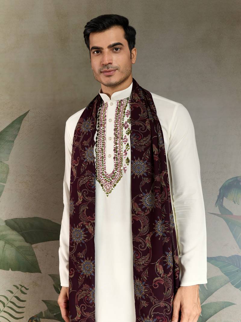 White viscose rayon threads & sequance embroidered work kurta with dupatta