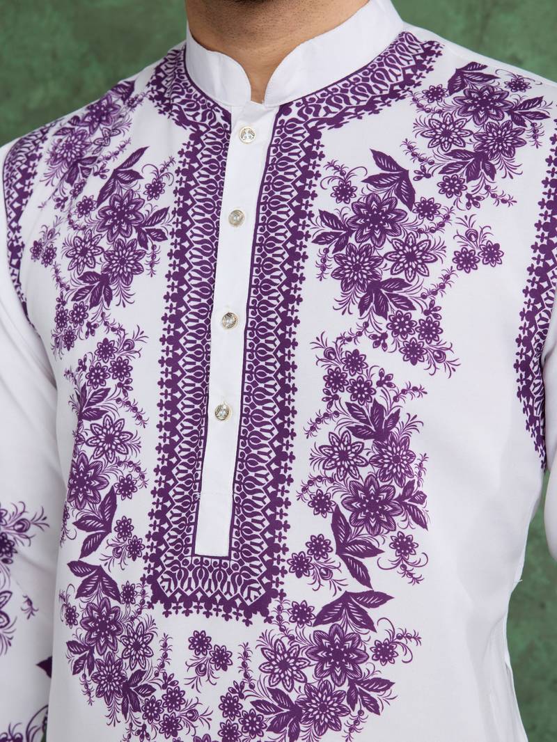 White purple viscose rayon digital printed work kurta